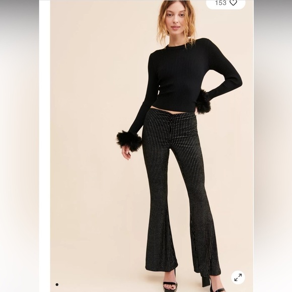 Urban Outfitters | Apolonia Flare Pants Black Velvet Retro Cinched XL - Picture 1 of 10
